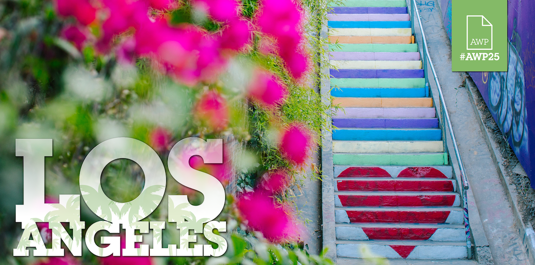 Brightly painted outdoor stairs with green #AWP25 Los Angeles branding